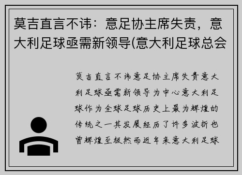 莫吉直言不讳：意足协主席失责，意大利足球亟需新领导(意大利足球总会)